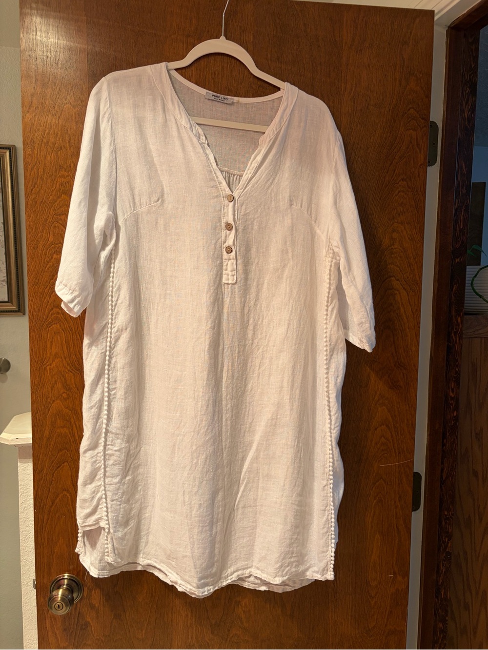Puro Lino Italy 100% Linen Tunic Dress White Pom Pom Trim Lagenlook Coastal XL